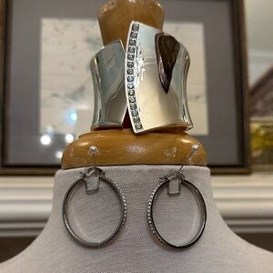Silver & Rhinestone Cuff Bracelet and Hoop Earrings Set